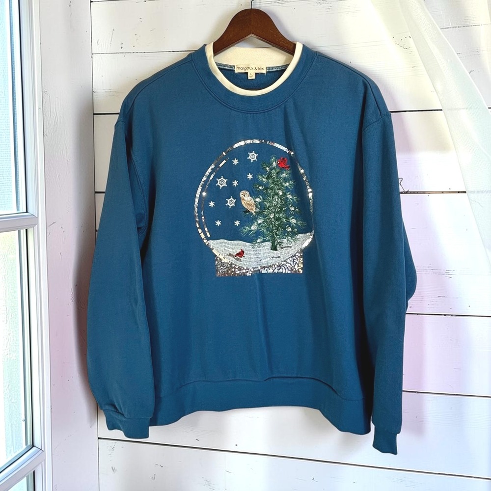 Sweatshirt Margaux & Lexi L Blue Cotton Poly Snow Globe Owl Christmas Tree